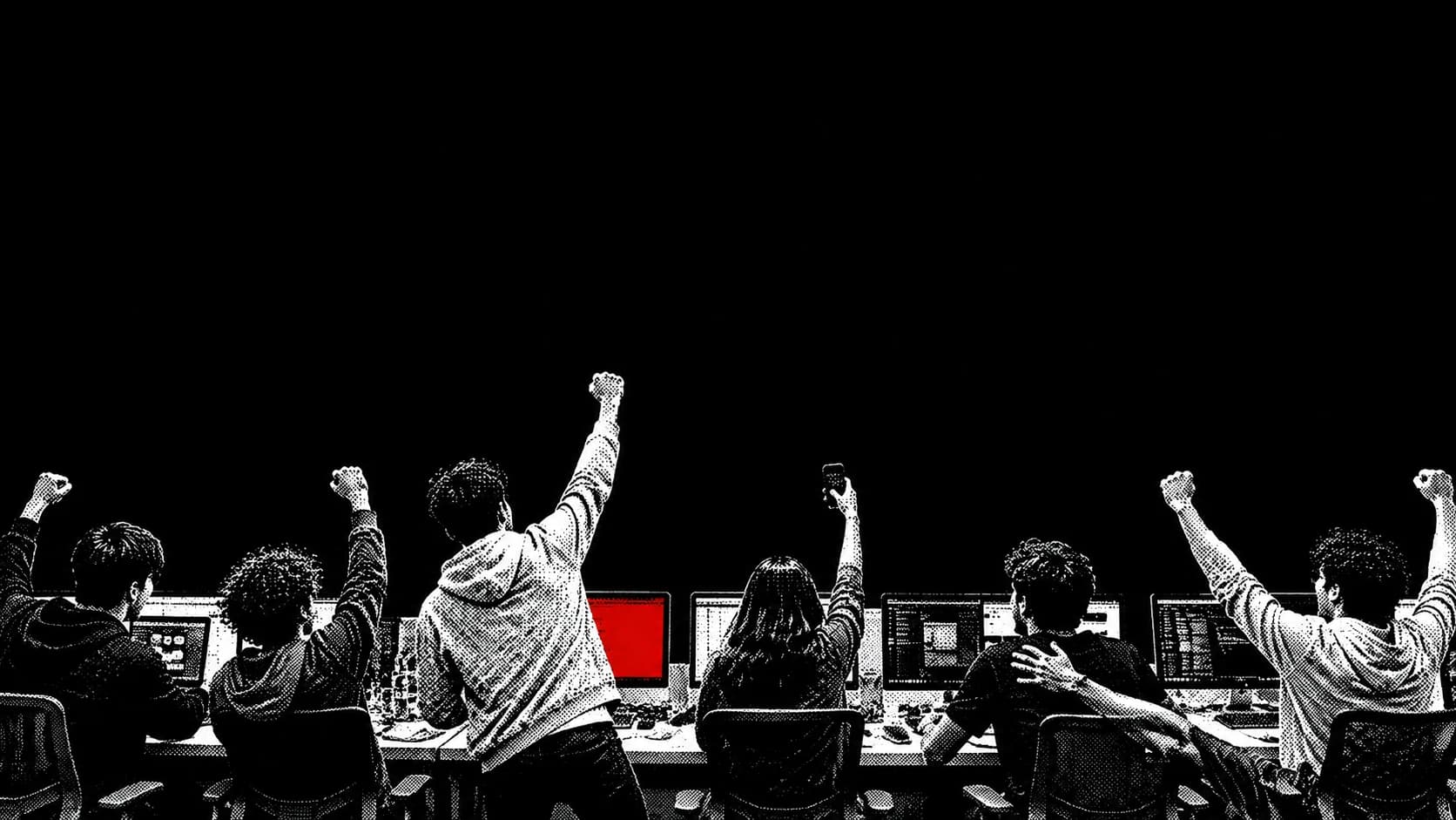 A team at their desks with their arms raised, celebrating a launch